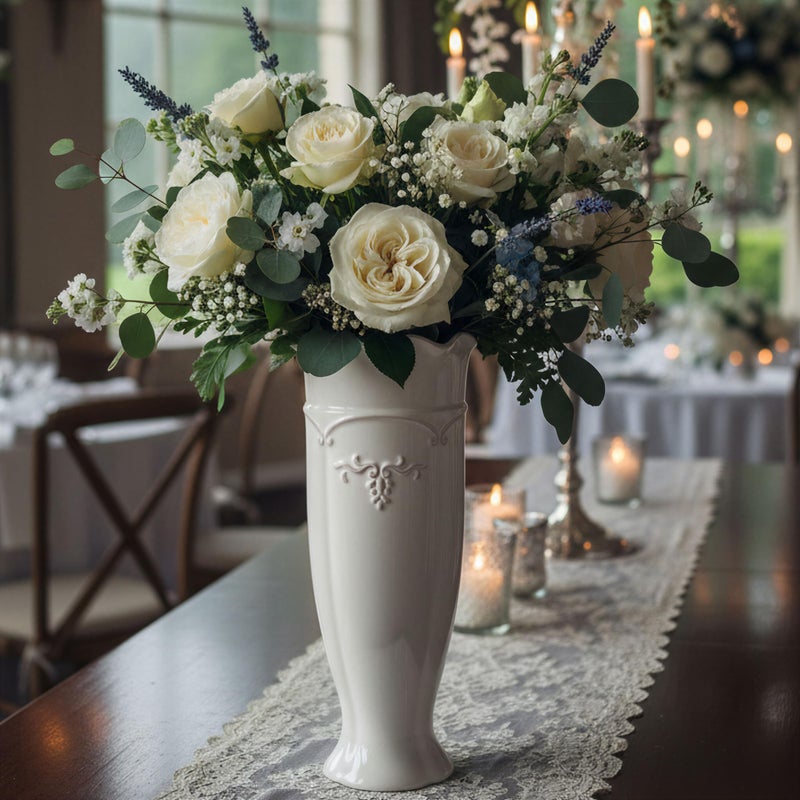 hjn White Ceramic Vase- French Flower Vase for Decor Tall Vintage Vases for Flowers/Home Decoration/Kitchen/Table/Living Room/Shelf/Mantel/Office-Height-11.6" - Image 2